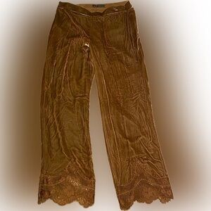 Carlisle Copper Brown Silk Velvet Lace Trim Pants